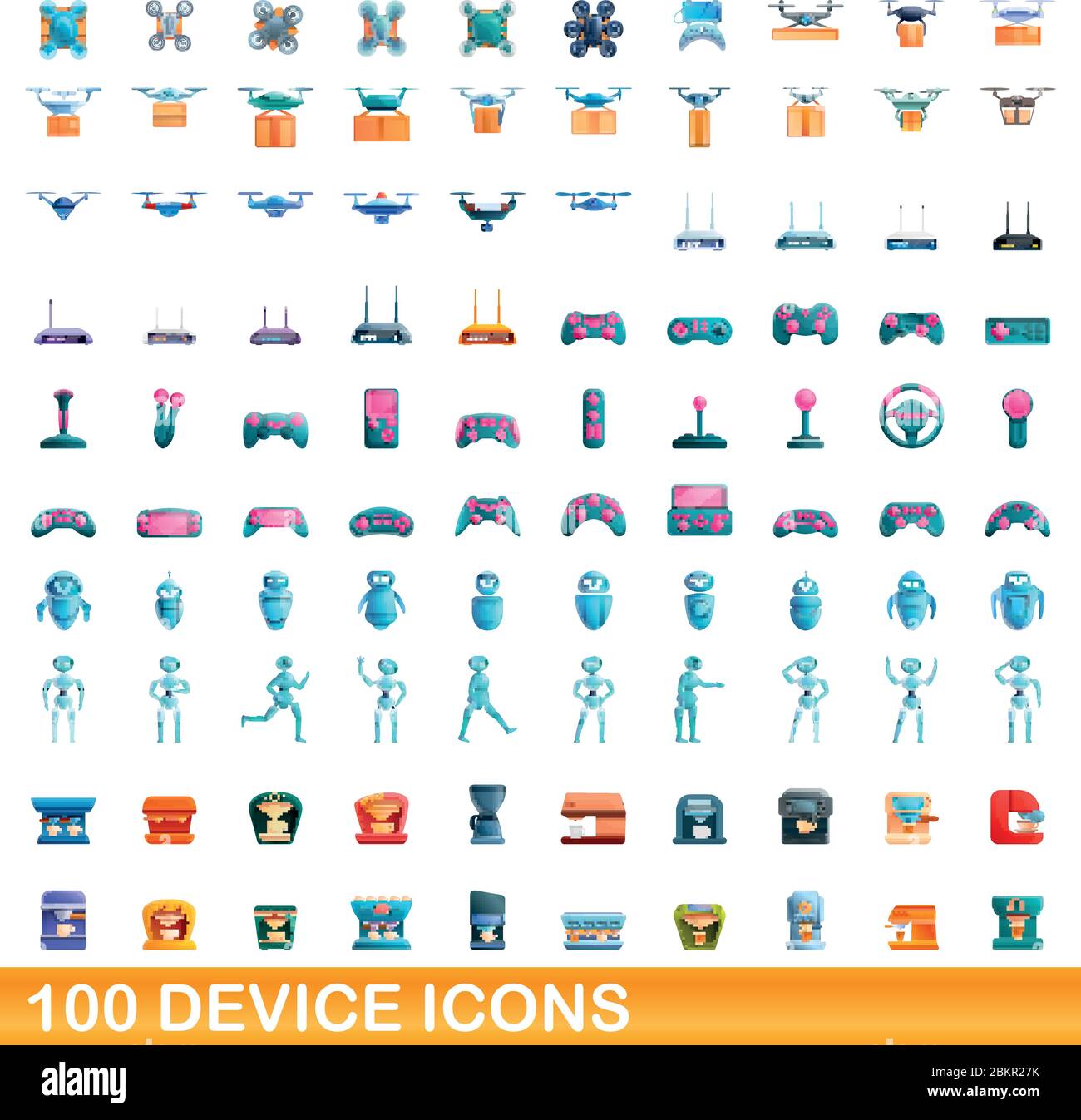 100 device icons set. Cartoon illustration of 100 device icons vector set isolated on white background Stock Vector