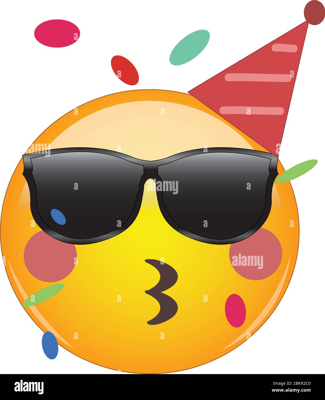 Cool party emoji celebrating birthday! Yellow face emoticon wearing shades and a party hat, kissing lips or whistling as confetti floats around its he Stock Vector