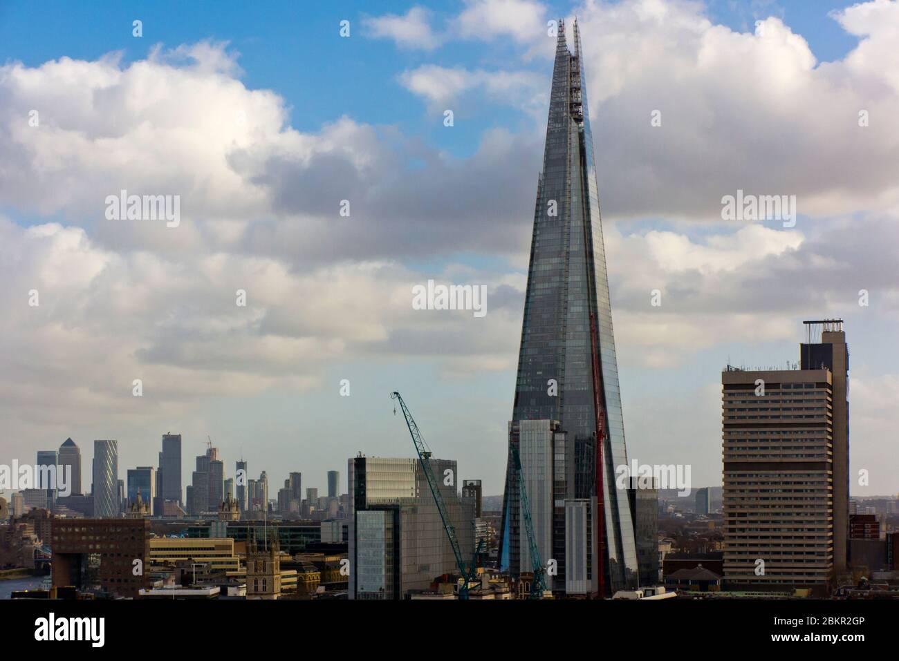 The Southwark south London skyline dominated by The Shard completed in 2012 designed by Renzo Piano and the tallest building in the United Kingdom. Stock Photo