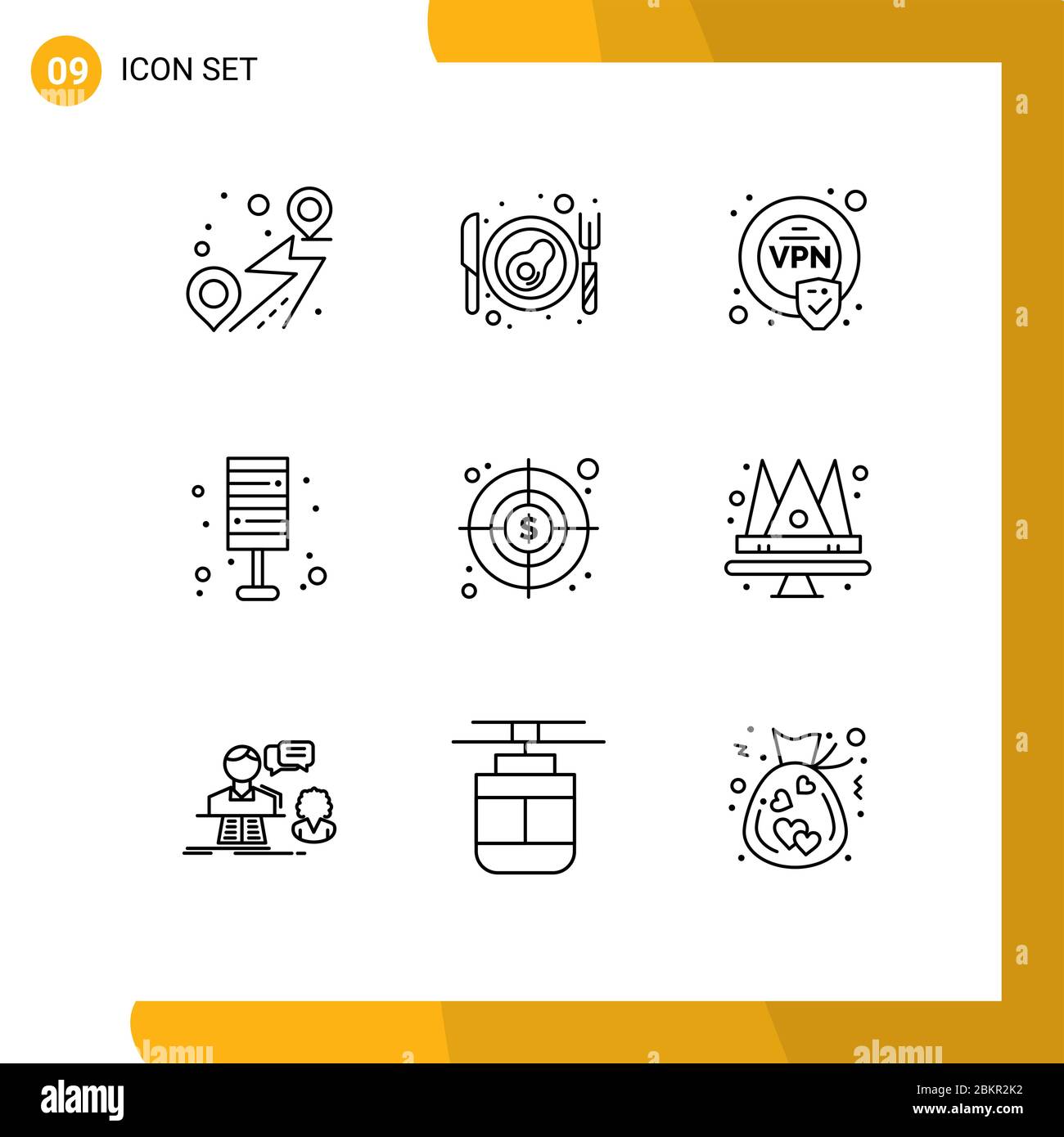 Group of 9 Modern Outlines Set for dollar, business, security, home, furniture Editable Vector Design Elements Stock Vector