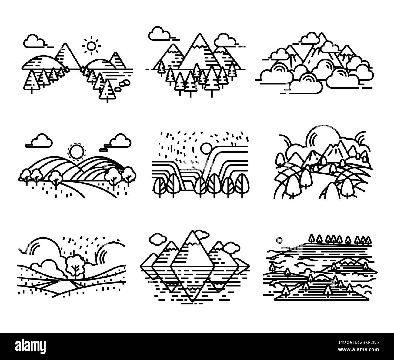Landscape view vector. Land mountains icon set. Single line stroke illustration. Stock Vector