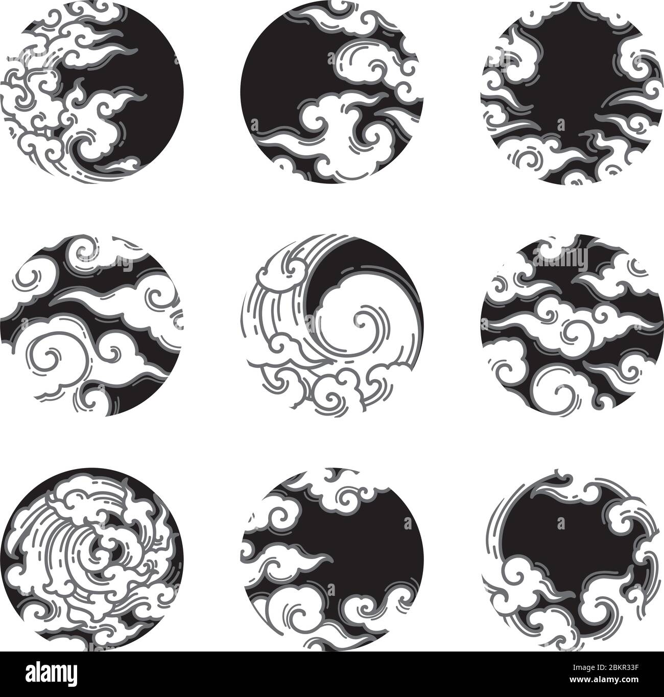 oriental cloud in an eclipse shape. Traditional line style collection. Dark night background. Stock Vector