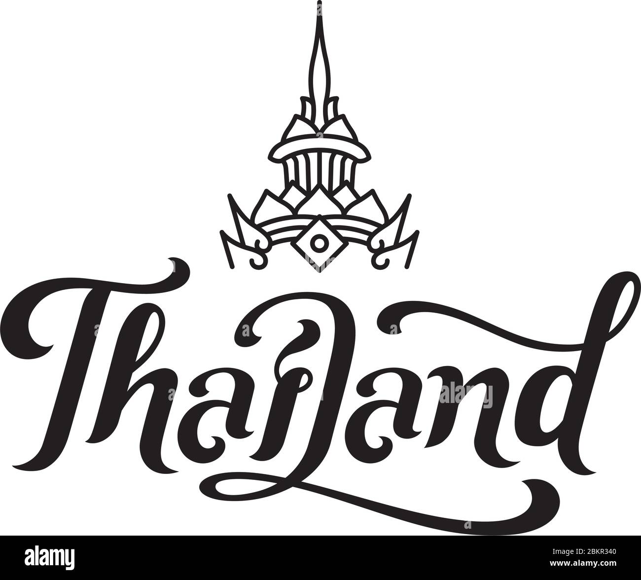 Thailand typography in calligraphy style brush with oriental crown line art. For Thailand concept design. Stock Vector