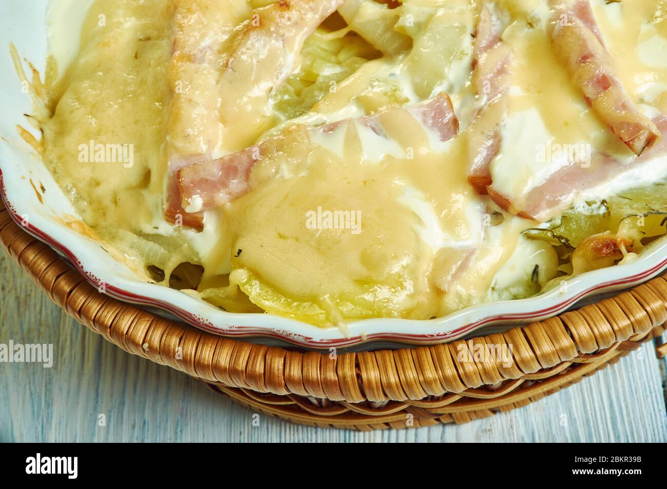 French Creamy Potato Bacon Brie Tartiflette Casserole Stock Photo