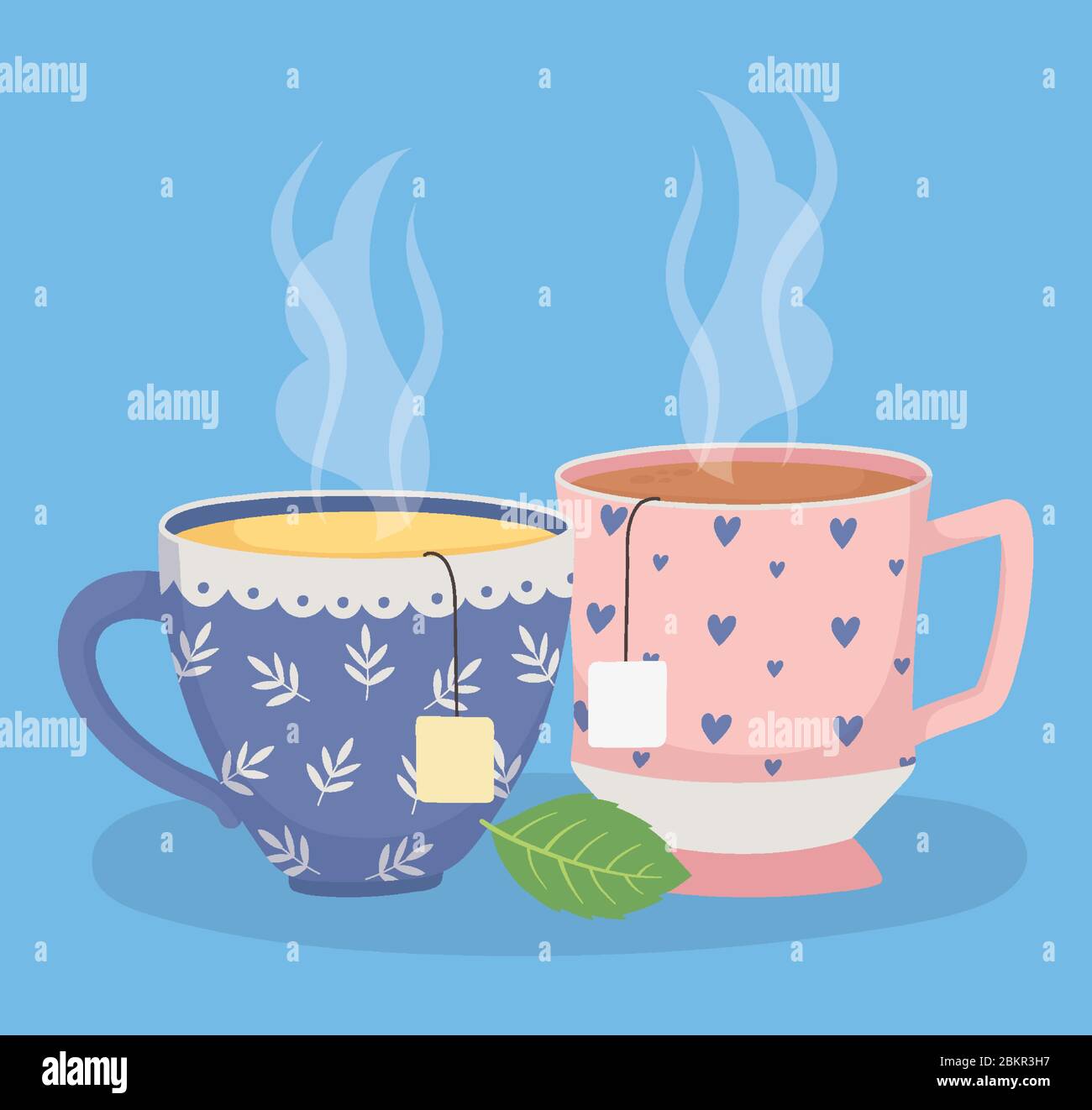 tea time, cups of tea with tea bags herbal leaf fresh drink vector