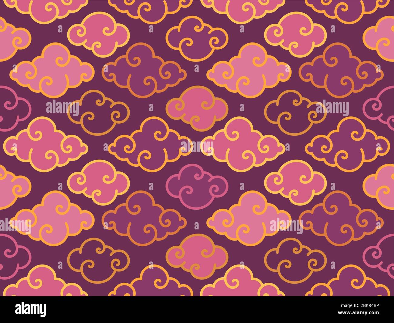 Tradition oriental clouds vector seamless pattern. Chinese and Japanese cloud symbol background. Purple and gold tones Stock Vector