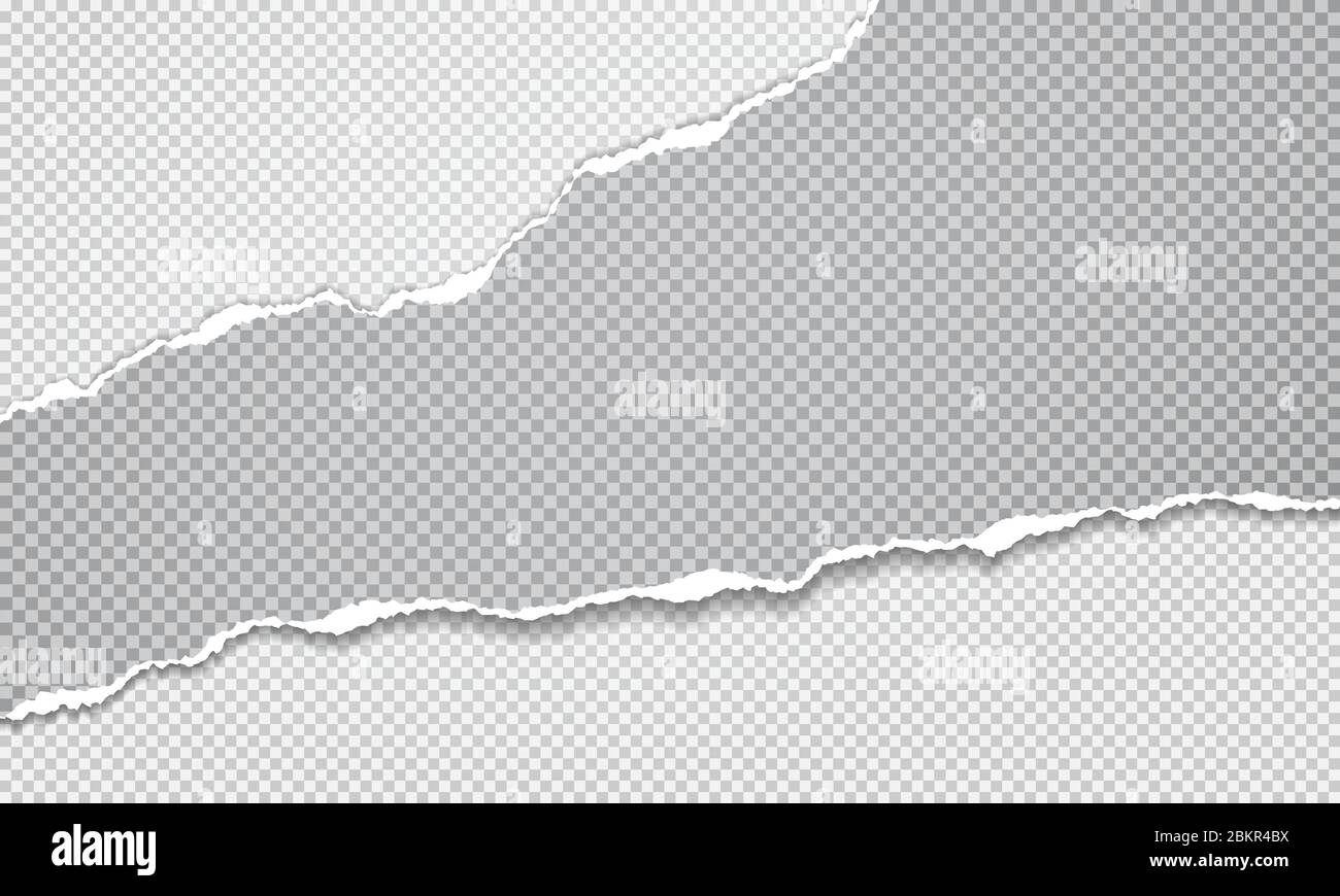Torn, ripped piece of grey paper with soft shadow is on white squared ...