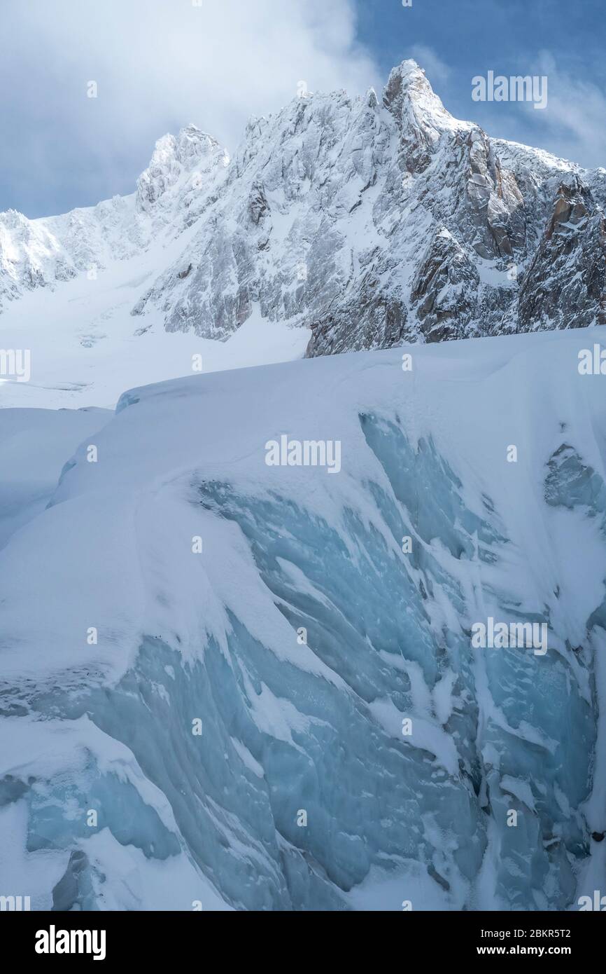 France, Haute Savoie, Chamonix, Argentiere Glacier, Mont Blanc massif, land on the glacier blades Stock Photo