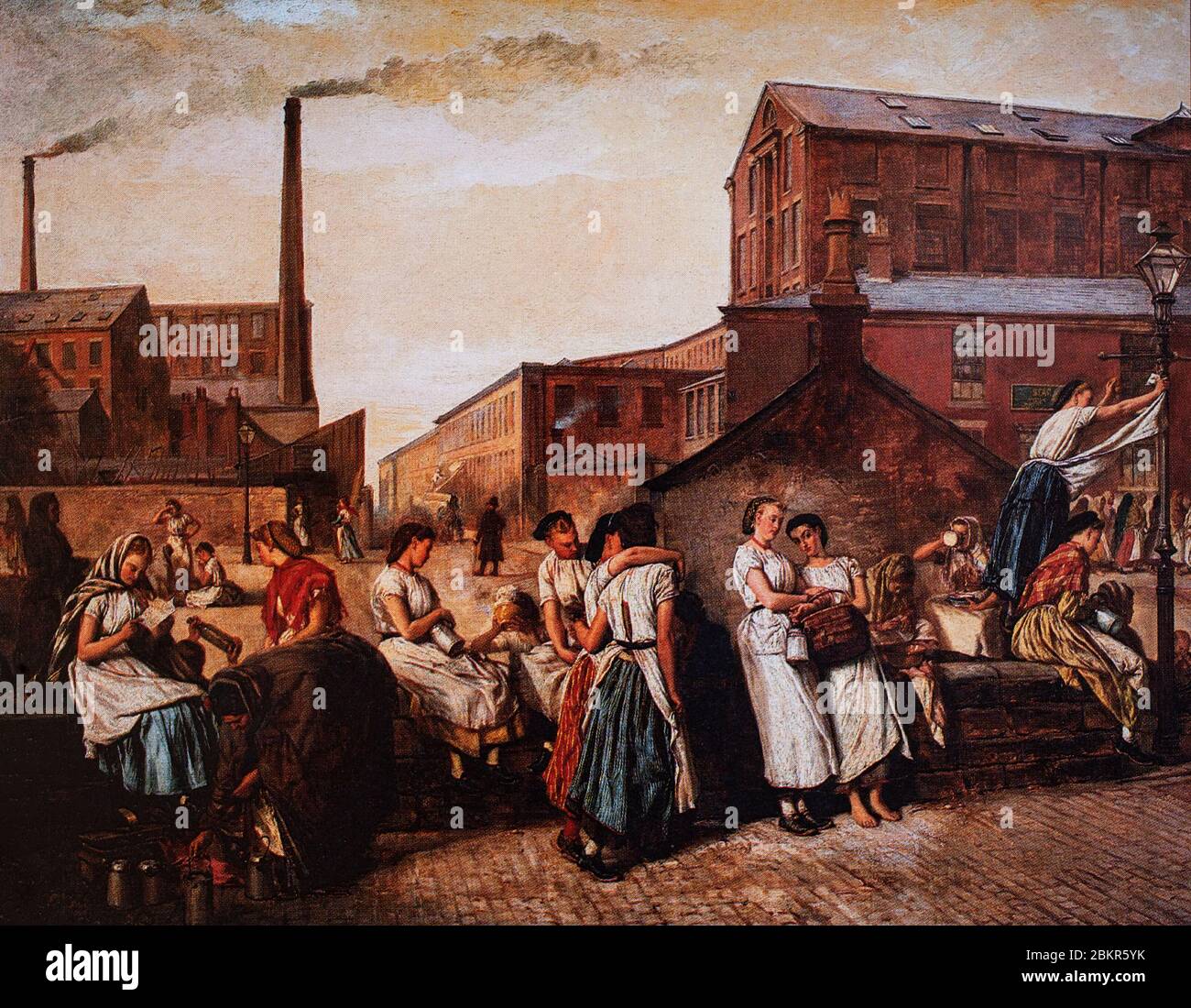 'The Dinner Hour' at  Victoria Mill, Wallgate, Wigan illustrates a straightforward and unromanticised view of working people in an industrial setting. It was created in 1874 by Eyre Crowe ARA (1824–1910),an English painter, principally of historical art and genre scenes, but with an interest in social realism. Stock Photo