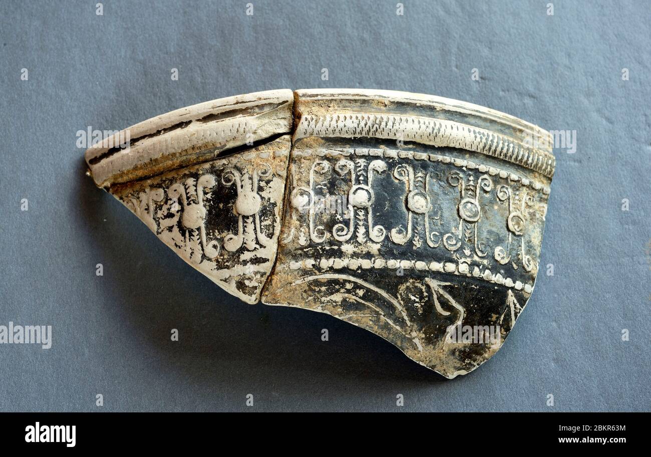 France, Haute Saone, Jonvelle, archaeological site, remains of a Gallo Roman villa, museum, piece of sigilated pottery found on the site Stock Photo