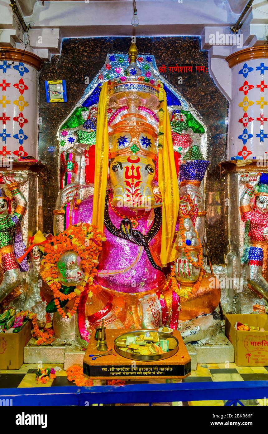 JODHPUR, INDIA – DEC. 02, 2019: Lord Ganesha elephant-headed Hindu God's idol inside Sree Kala Gora Bheruj Nath Temple, Mandore garden, Rajasthan. Stock Photo