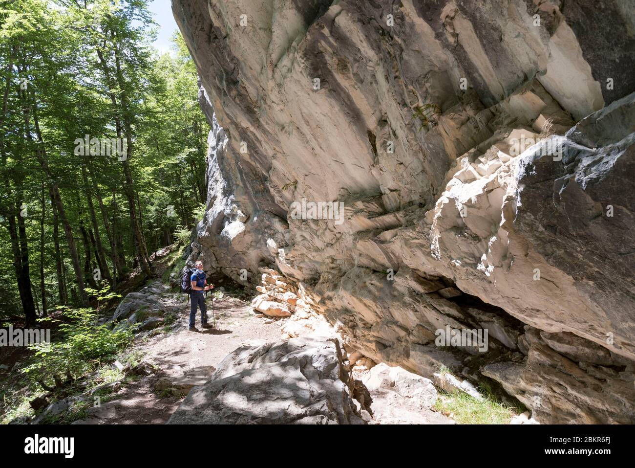 France, Haute-Savoie (74), Massif du Chablais, Samo?ns, hiker at the foot of the Tuet climbing cliff Stock Photo