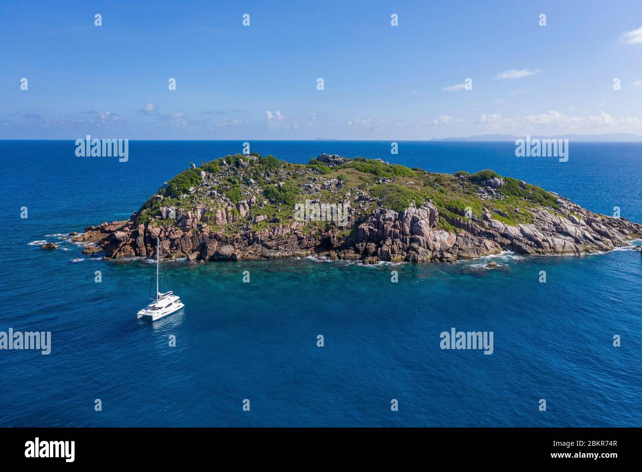Seychelles, Mamelles island, boat anchoring (aerial view) Stock Photo