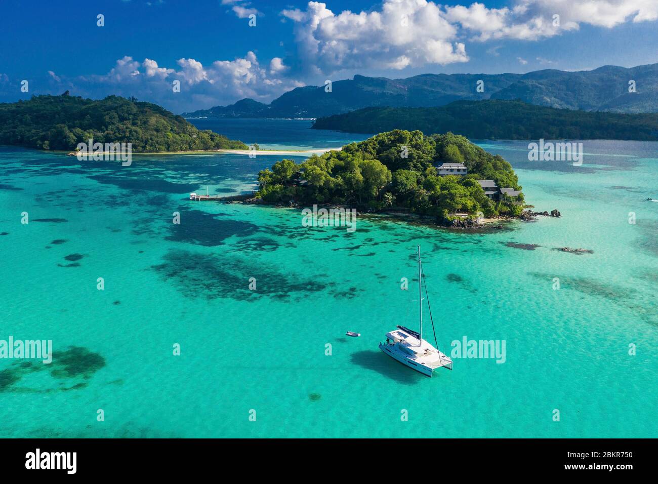 Seychelles, Cerf island, boat anchoring (aerial view) Stock Photo