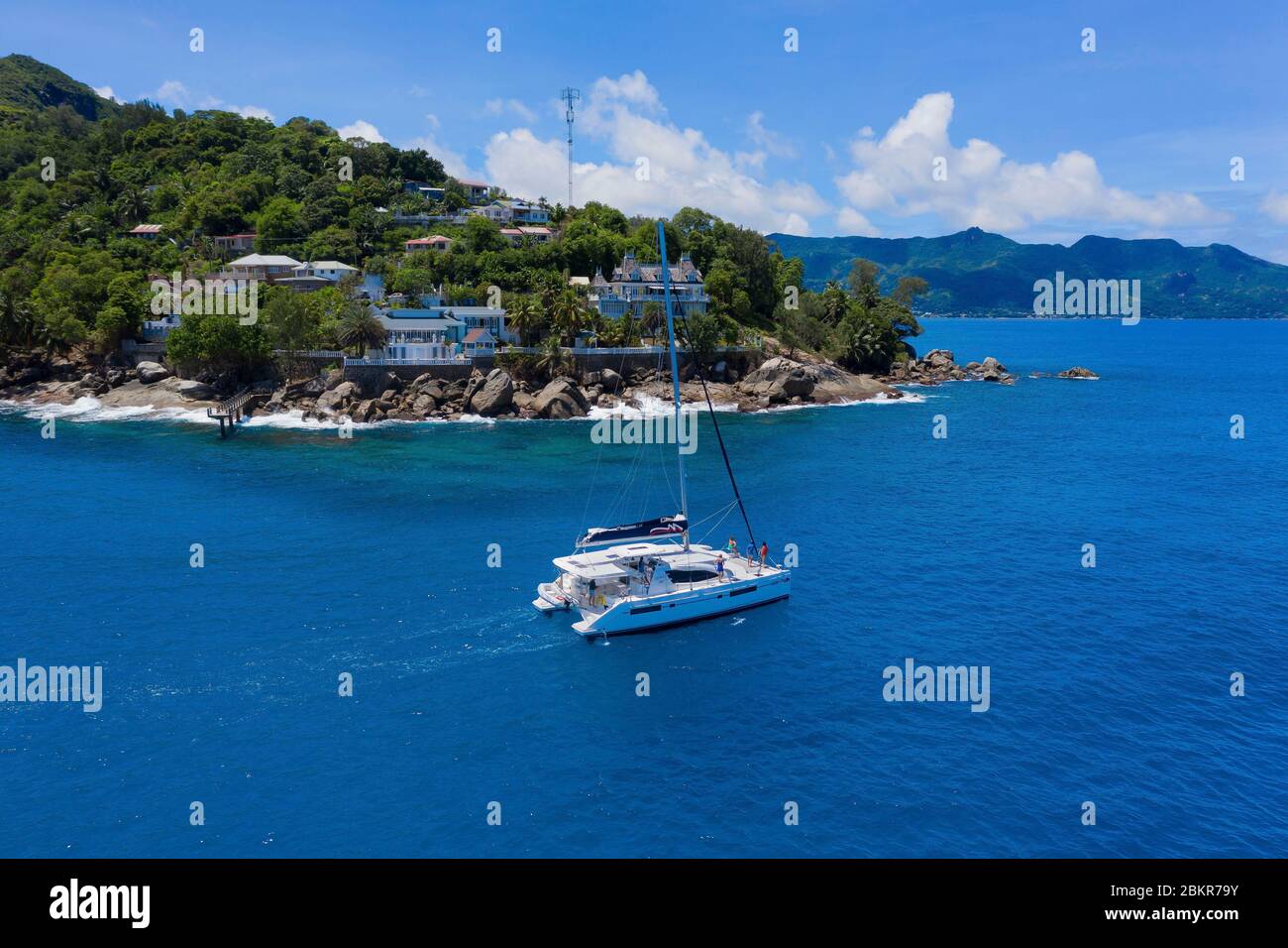 Seychelles, Mah? island, North Point, sailing boat sailing (aerial view) Stock Photo