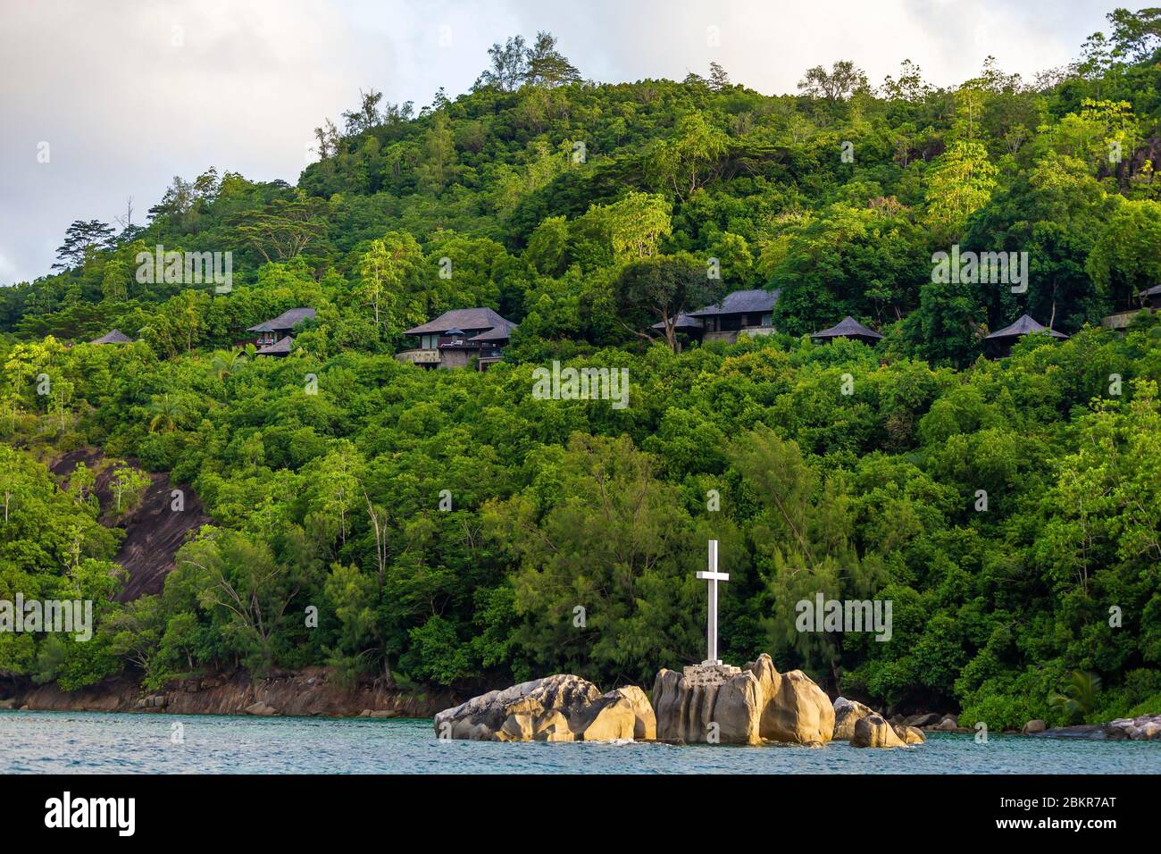 Seychelles, Mahe island, Port Launay, white cross on a rock Stock Photo