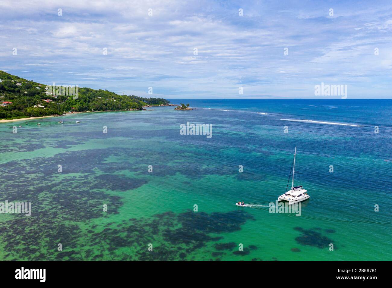 Seychelles, Mahe island, Anse Royale, boats at the anchor (aerial view