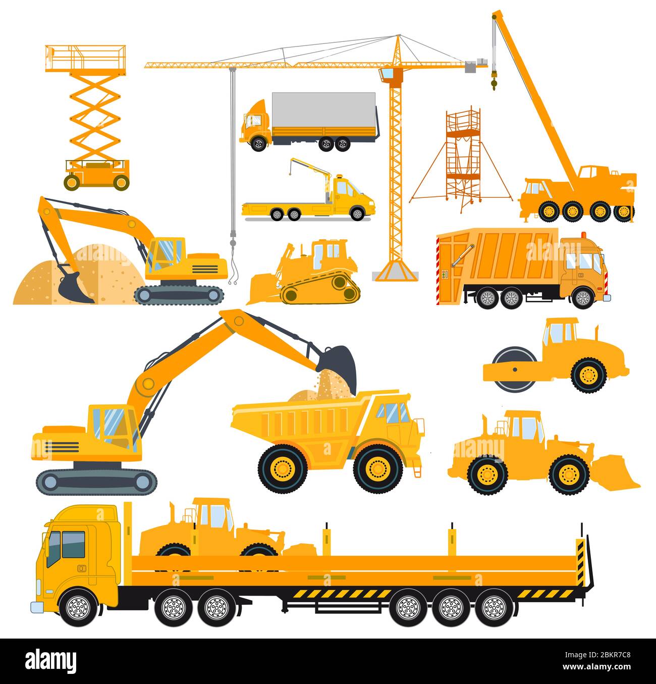 machinery with excavators and heavy trucks Stock Vector