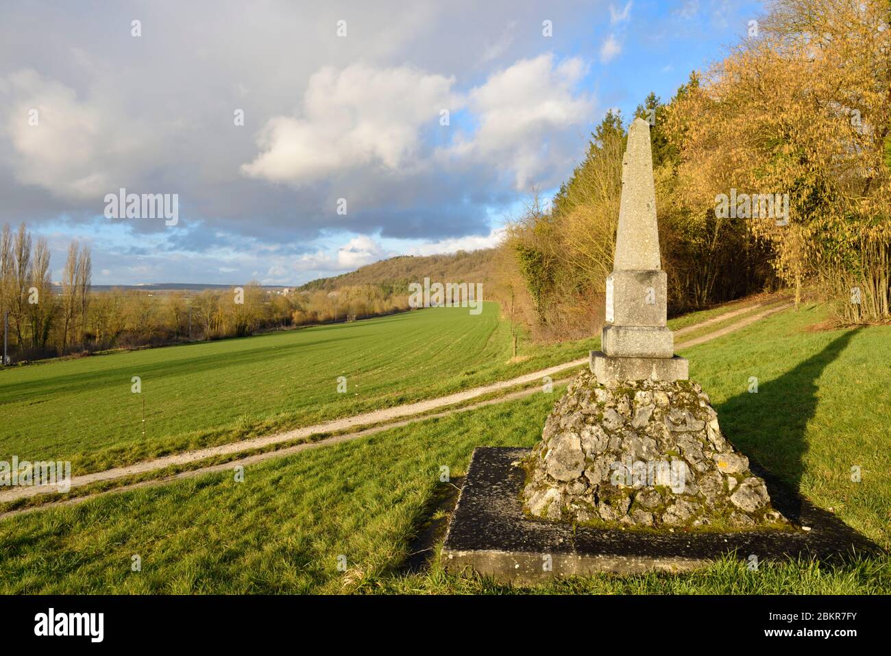 France, Meuse, Pagny sur Meuse, Notre Dame de Massey chapel dating from the 13th century and known to have received the visit of Joan of Arc who came to pray there in February 1429, monument commemorating the passage of Joan of Arc and view of the valley Stock Photo