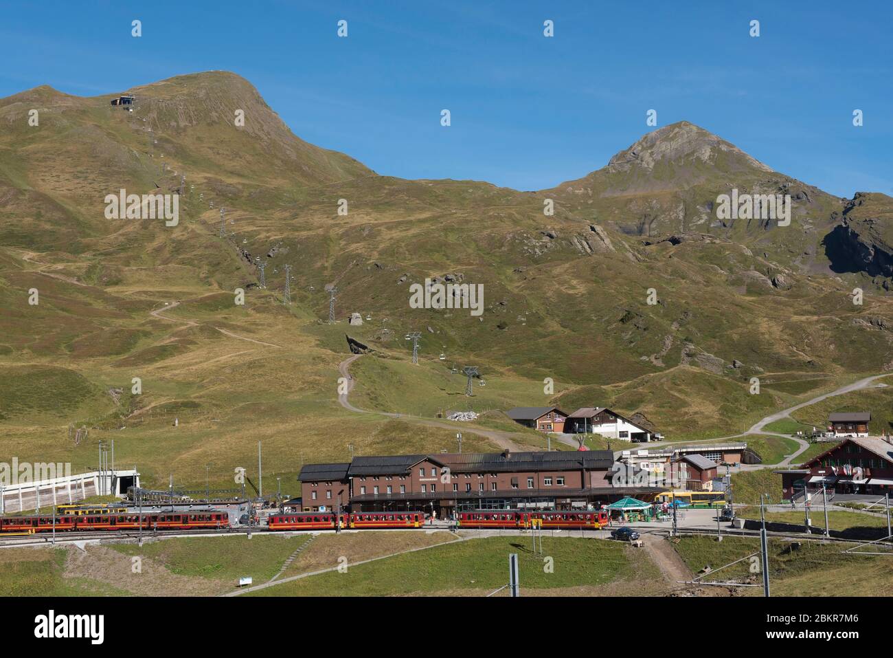 Switzerland, Bernese Oberland, Interlaken, Jungfrau train Kleine Scheidegg station and Lauterhorn, Unesco World Heritage Stock Photo