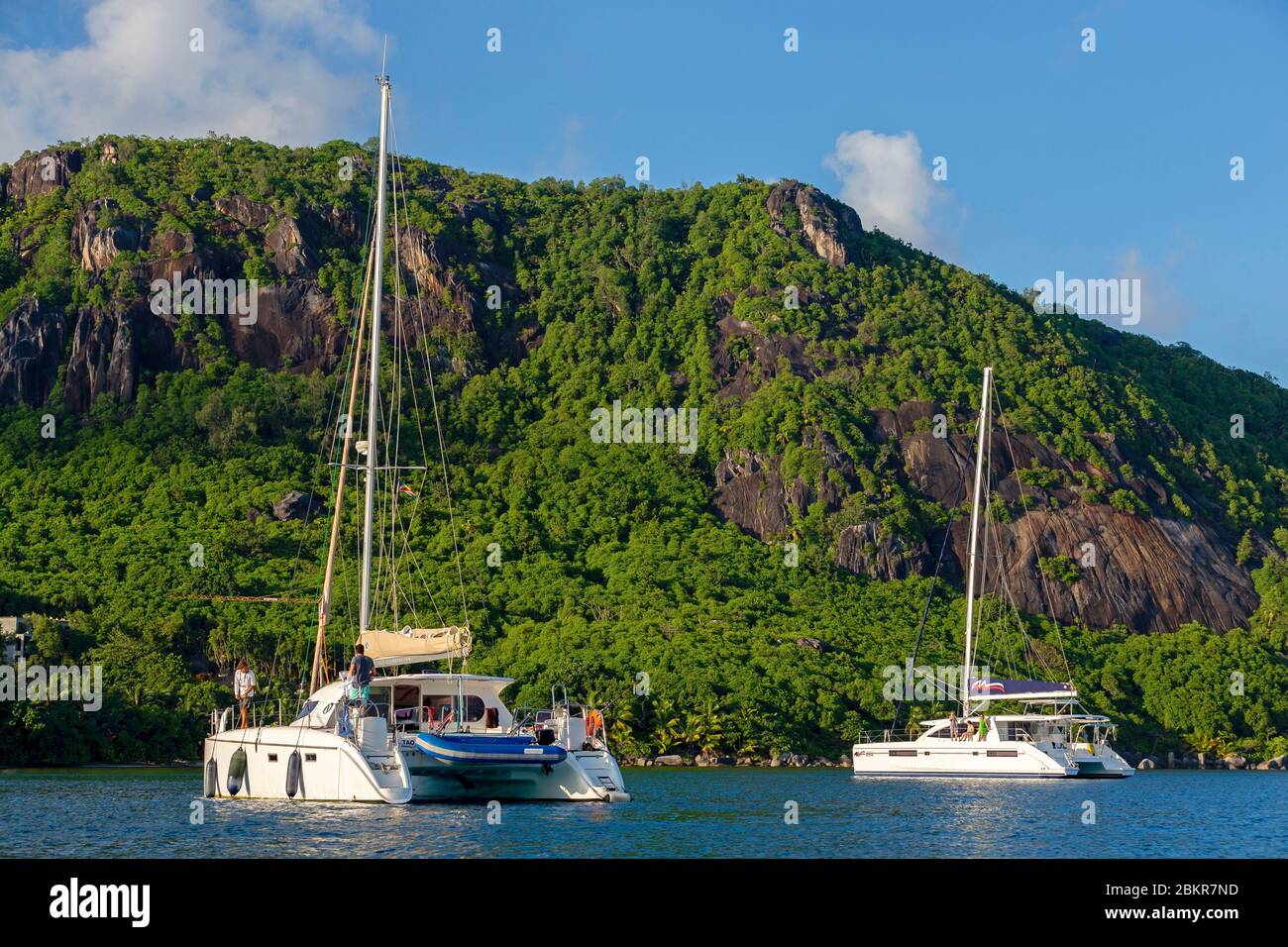Seychelles, Sainte Anne island, boats at anchor Stock Photo