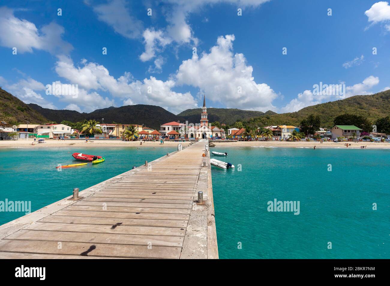 France, Martinique, les Anses d'Arlet, Grande Anse city, Saint Henri Church and the wooden dock Stock Photo