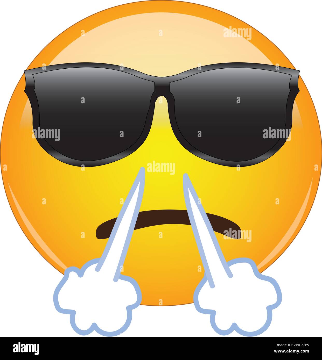 Cool angry emoji face. Yellow face wearing sunglasses with a frowning mouth steam coming out of its nose as a sign of frustration and anger. Stock Vector