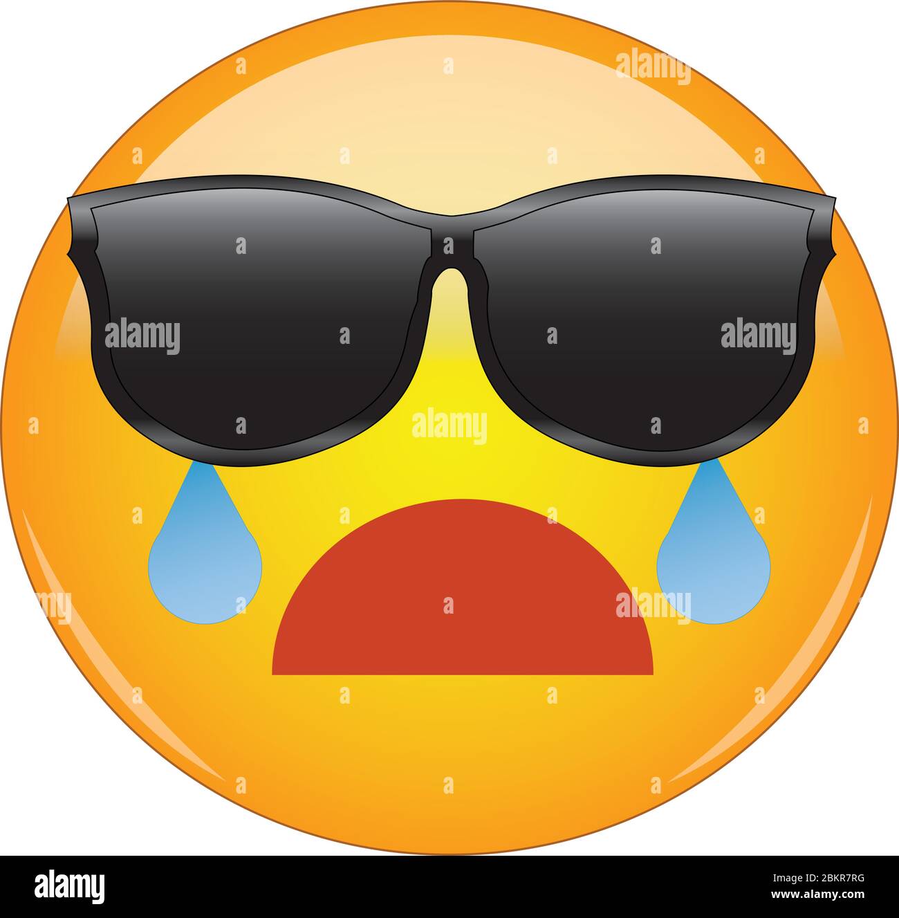 Cool Face Emoji Crying. Yellow face with a sad open mouth and of flowing from eyes hidden behind sunglasses. Expression of overwhelming grief and sadn Stock Vector