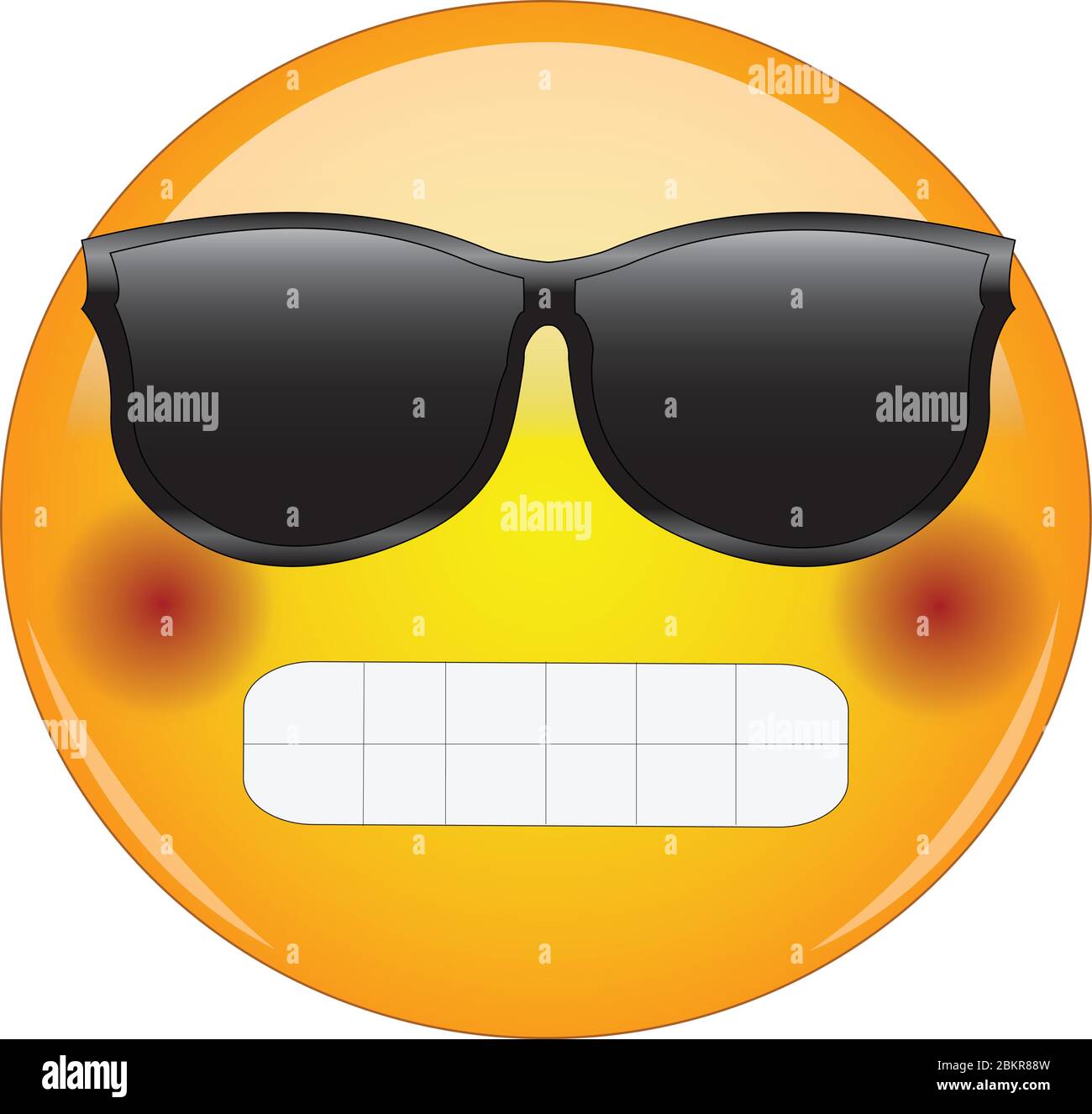 Cool grinning and blushing emoji. Awesome looking yellow face emoticon wearing shades with broad grin and flushed cheeks. Expression of happiness, lov Stock Vector