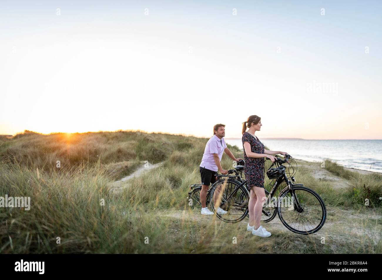 France, Manche, SainteMarieduMont, Utah beach cycling at sunset