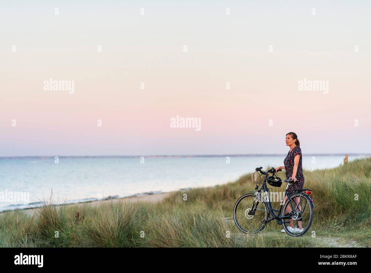 France, Manche, SainteMarieduMont, Utah beach cycling at sunset