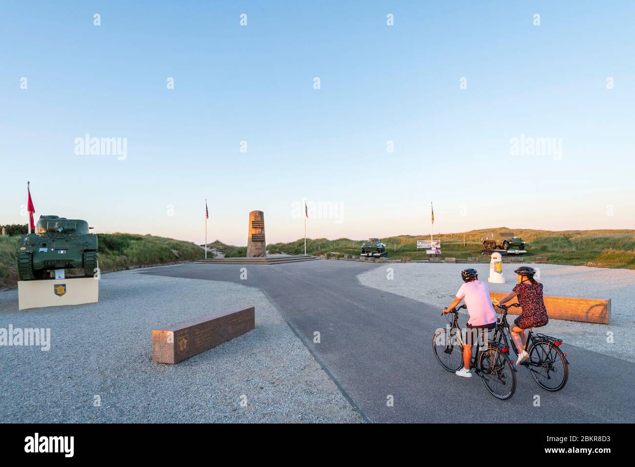 France, Manche, SainteMarieduMont, Utah beach cycling at sunset