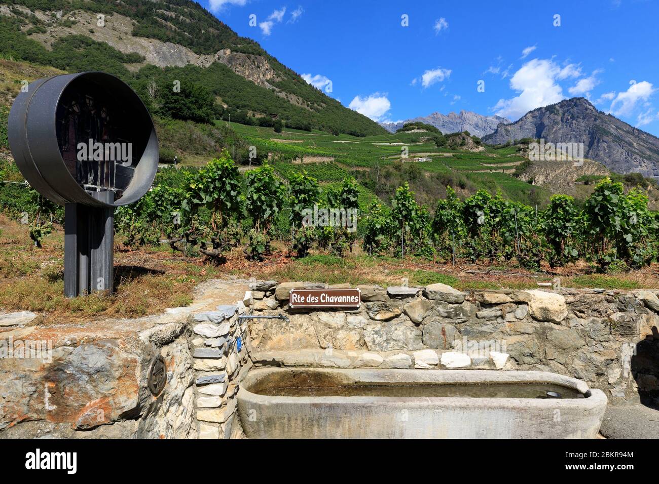 Switzerland, Canton of Valais, Saillon, vineyard in Farinet, the stained glass path, route of 21 stained glass windows (works by Robert Heritier, graphics and Theo Imboden, glass work) Stock Photo