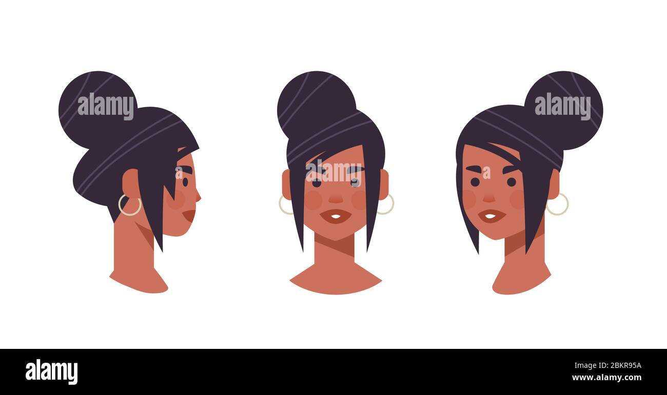 set girl head avatar front side view female african american character different views for animation horizontal portrait vector illustration Stock Vector