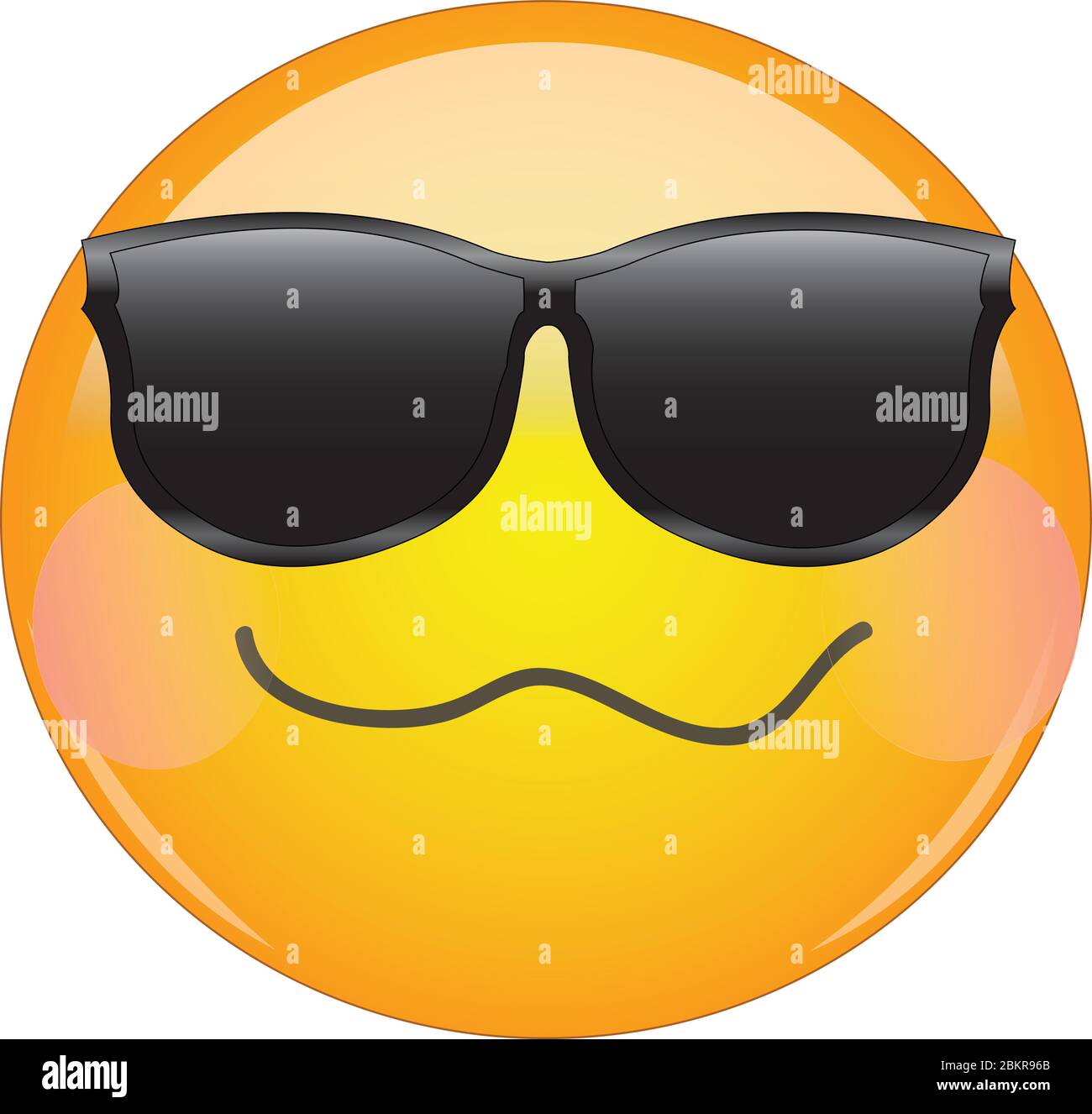 Cool drunken blushing emoji. Yellow face emoticon wearing sunglasses with a crumpled mouth, and blush on cheeks expressing drunken state of mind. Stock Vector