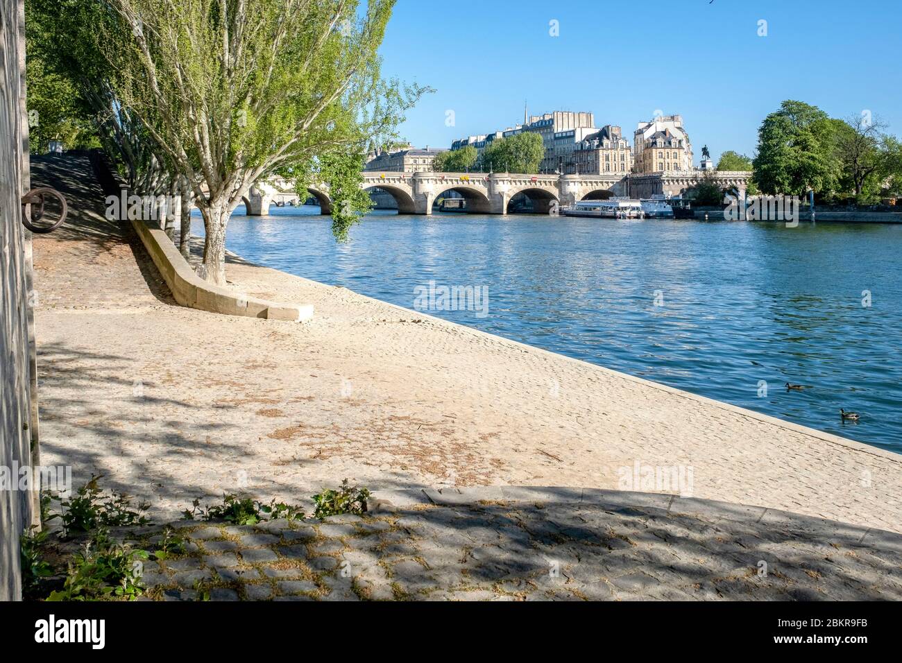 France, Paris, COVID-19 (or Coronavirus) lockdown, area listed as World Heritage by UNESCO, the banks of Seine river the quays of the Louvre Stock Photo