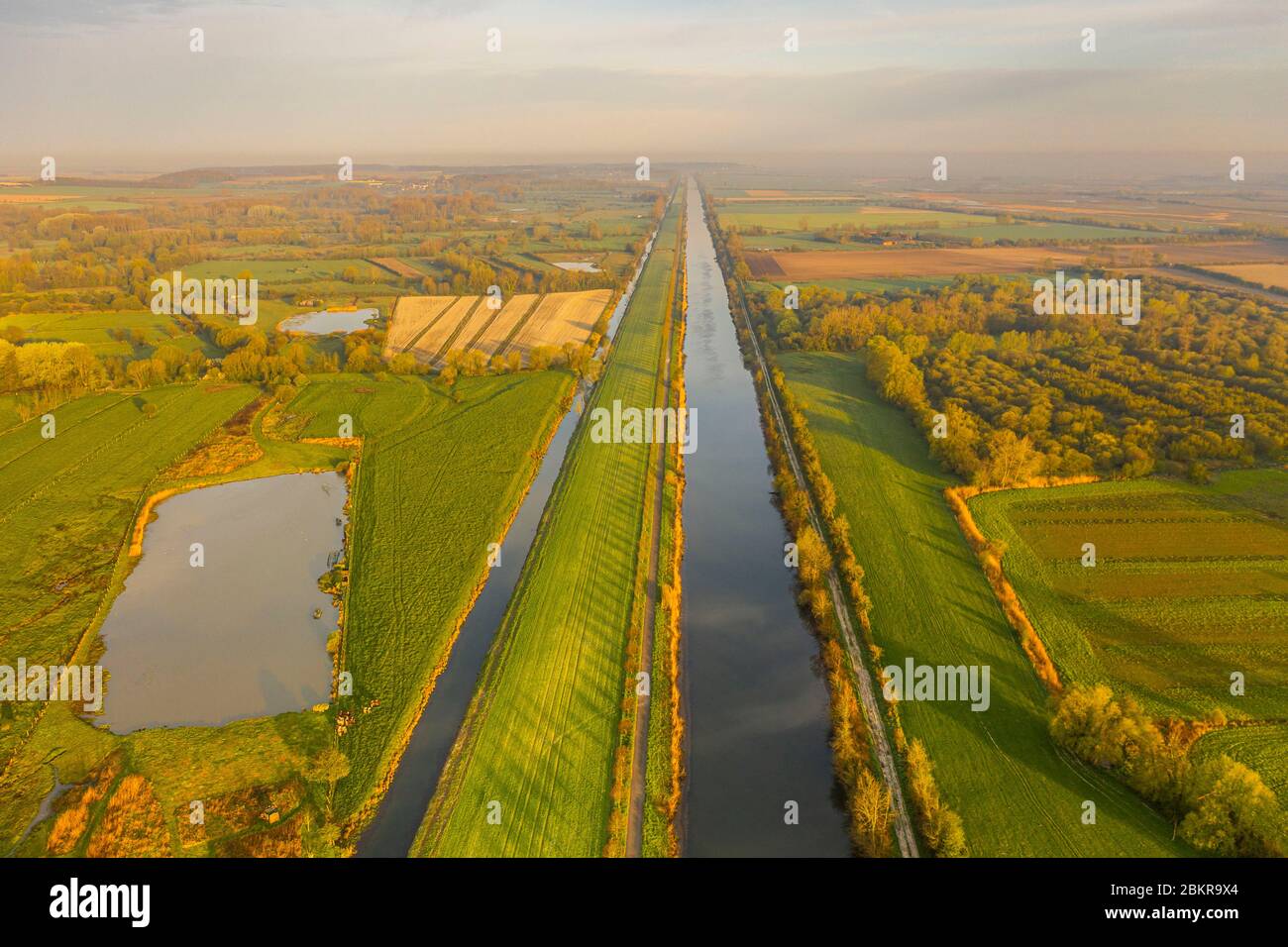 France, Somme (80), Baie de Somme, Port-le-Grand, marsh of the lower Somme valley, site classified ZNIEFF, view of the Somme canal (aerial view) Stock Photo