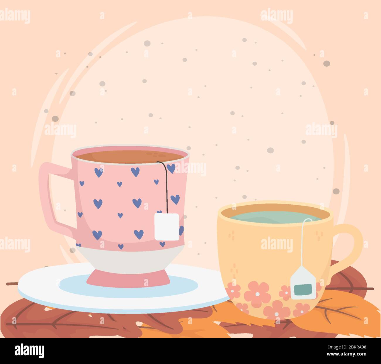 tea time, cups with tea bags leaves herbal design vector illustration Stock Vector