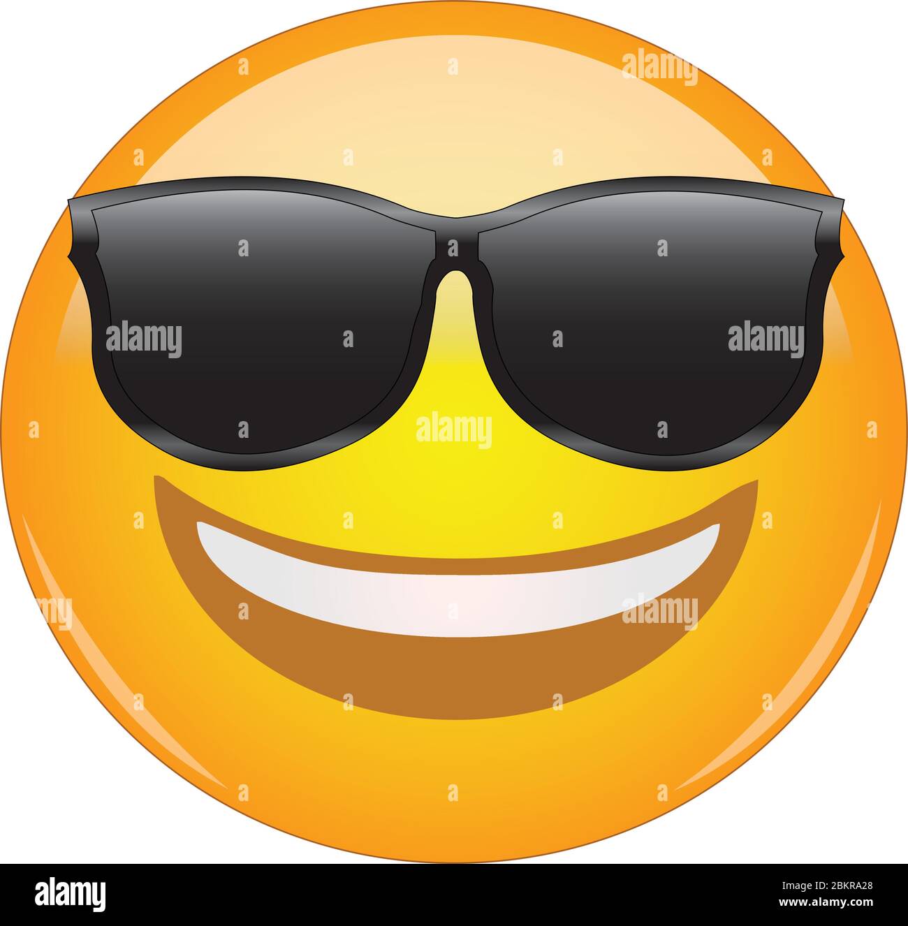 Cool emoticon in sunglasses. Awesome grinning face emoticon wearing shades and having a wide smile. Expression of being cool, happy, smiling, grinning Stock Vector