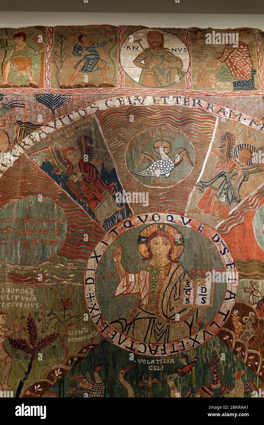 Spain, Catalonia, Girona, Gothic St. Mary's Cathedral, Treasury, Tapestry of Creation 12th century Stock Photo