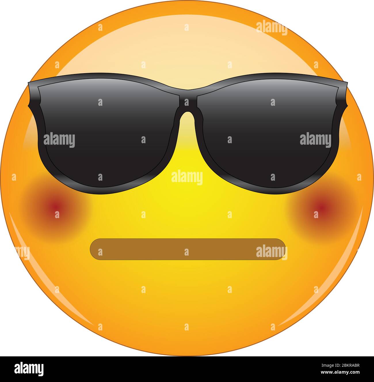 Cool flushed neutral face emoji. Awesome yellow face emoticon wearing sunglasses and having a small, closed mouth and blushing cheeks. Expressing emba Stock Vector