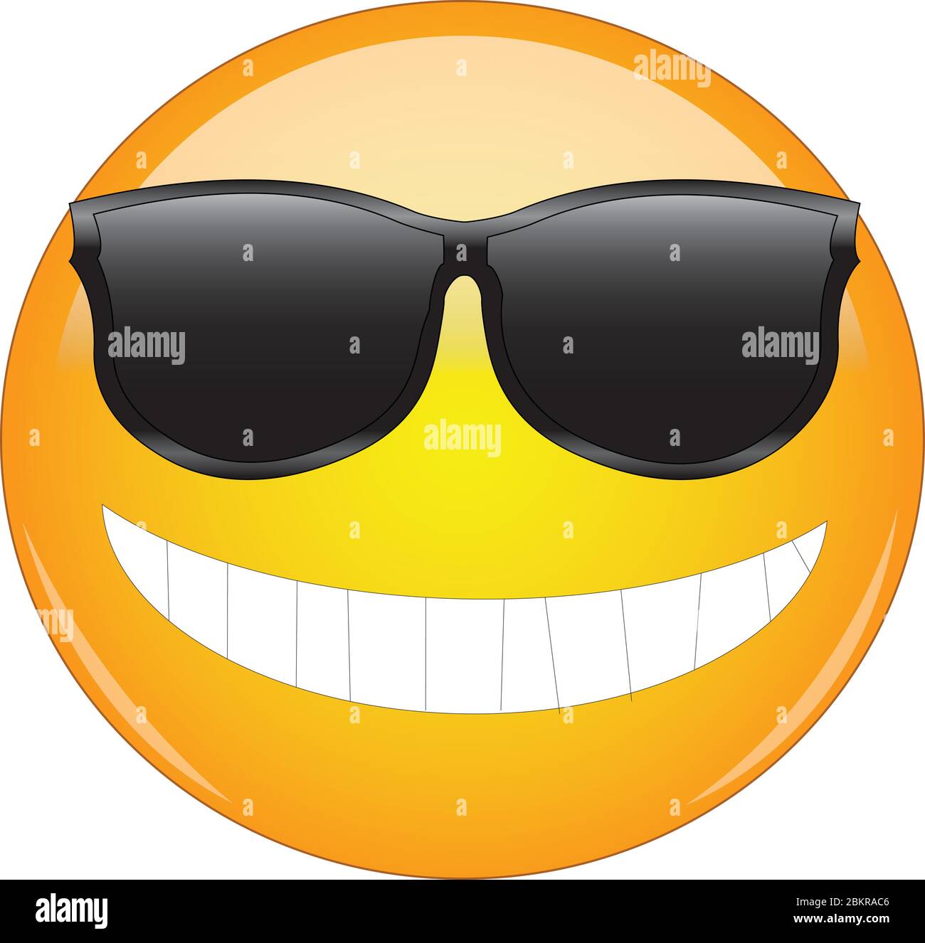 Cool emoji in sunglasses. Yellow smiling face emoticon wearing sunglasses and having wide smile showing all teeth. Expression of being cool, awesome, Stock Vector