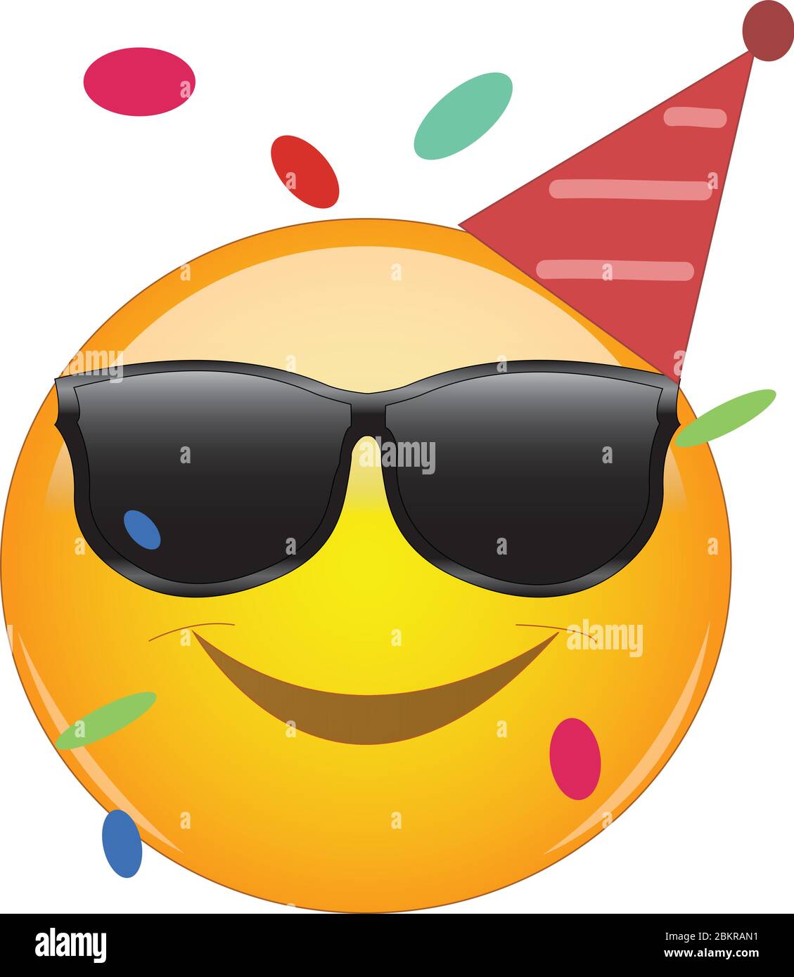 Cool emoji wearing a party hut, sunglasses and confetti flying around. Party emoticon with round yellow face and smiling. Expression of fun, good time Stock Vector