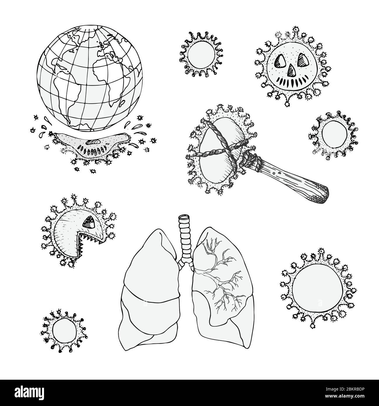 Set of ink sketch medical icon virus, cove, skull, bones isolated on white background. Design concept for your project medical, social poster against Stock Vector