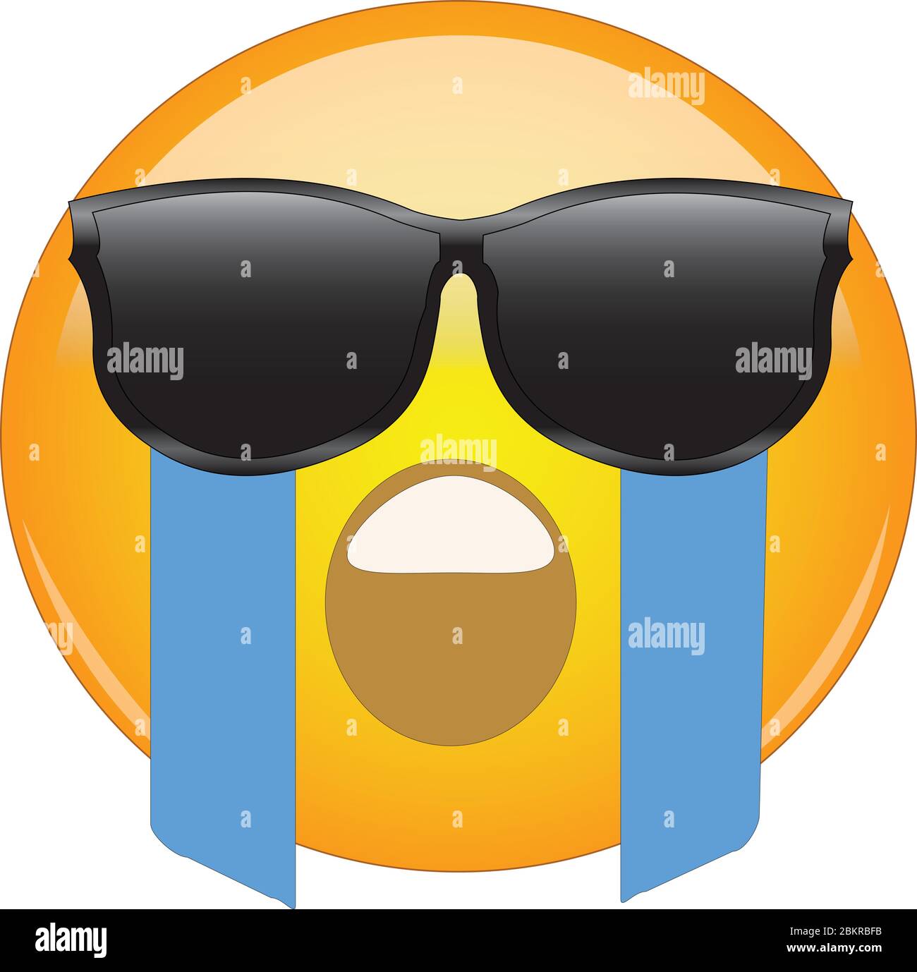 Cool Crying Face Emoji. Yellow face with an open mouth wailing and river of tears flowing from eyes hidden behind sunglasses. Expression of overwhelmi Stock Vector