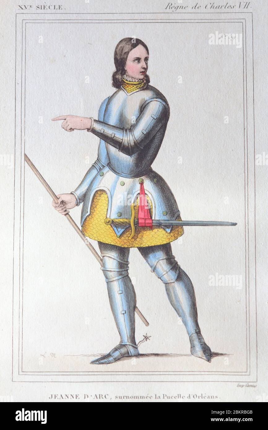France, Loiret, Orleans, colored lithograph (1852) by Leopold Massard representing Jeanne d'Arc with his armor Stock Photo