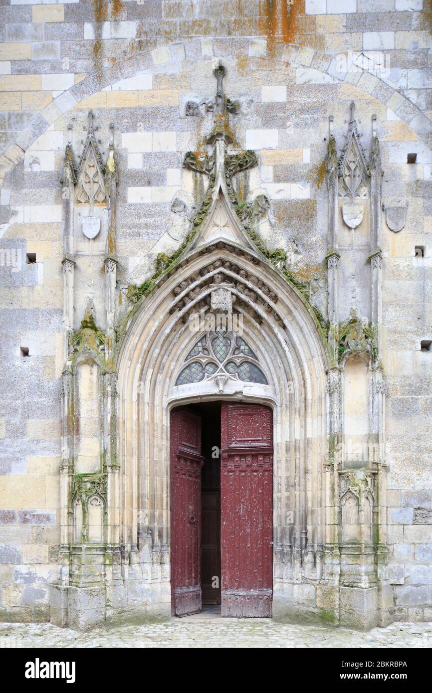 France, Loiret, Clery Saint Andre, town located in the perimeter of the Loire Valley listed as World Heritage by UNESCO, Gothic basilica of Notre Dame de Clery Saint Andre, side porch Stock Photo