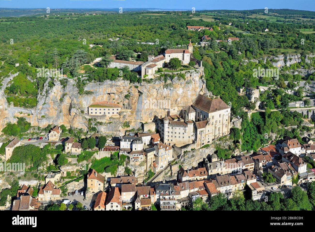 France, Lot, Causses du Quercy regional natural park, Rocamadour on the ways to Santiago de Compostela (aerial view) Stock Photo
