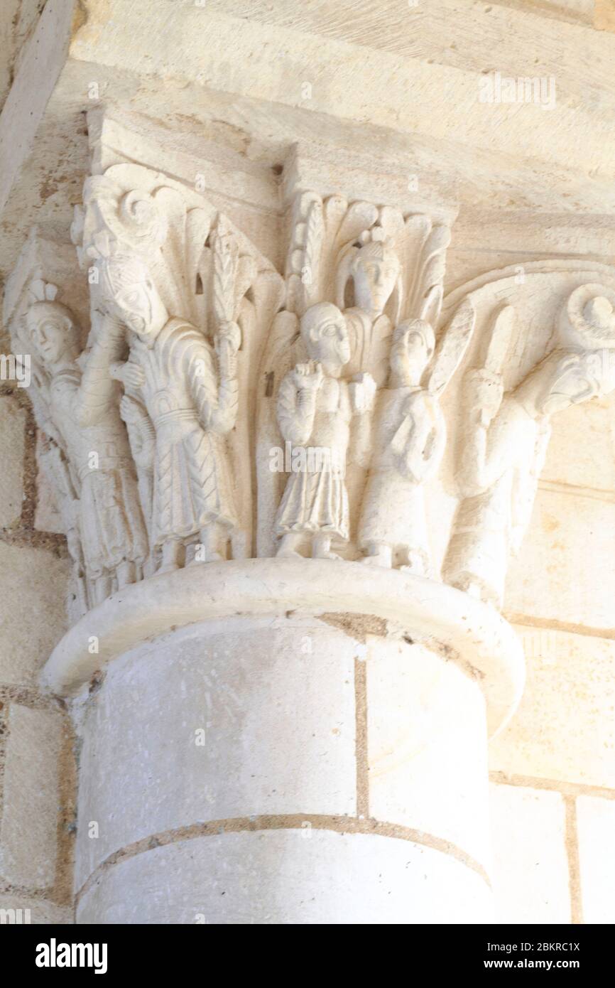 France, Loiret, Saint Benoit sur Loire (commune is located within the perimeter of the Loire Valley listed as World Heritage by UNESCO), Benedictine Abbey of Fleury, capitals of the 11th century under the porch tower Stock Photo