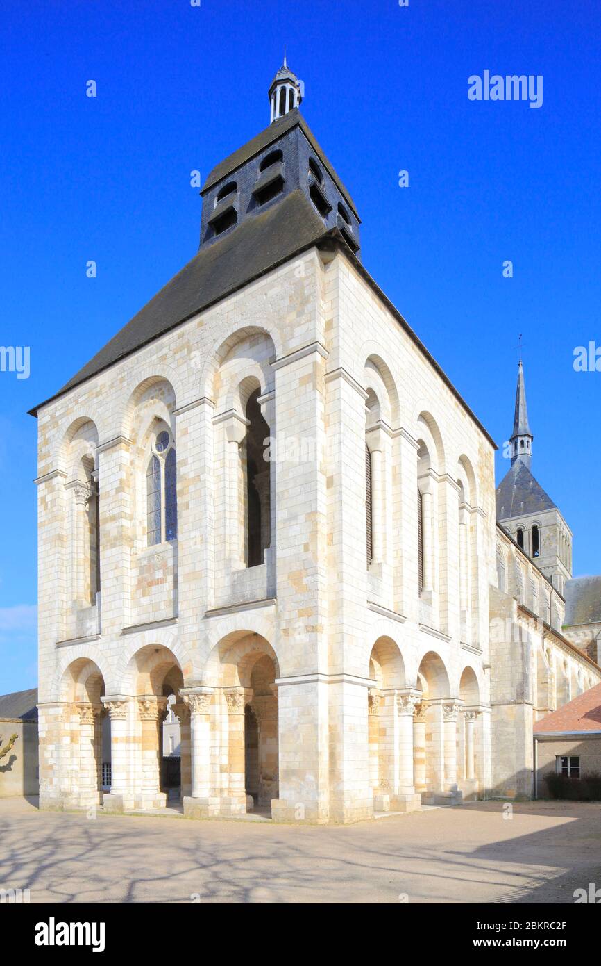 France, Loiret, Saint Benoit sur Loire (town is located within the perimeter of the Loire Valley listed as World Heritage by UNESCO), Benedictine Abbey of Fleury, 11th century porch tower Stock Photo